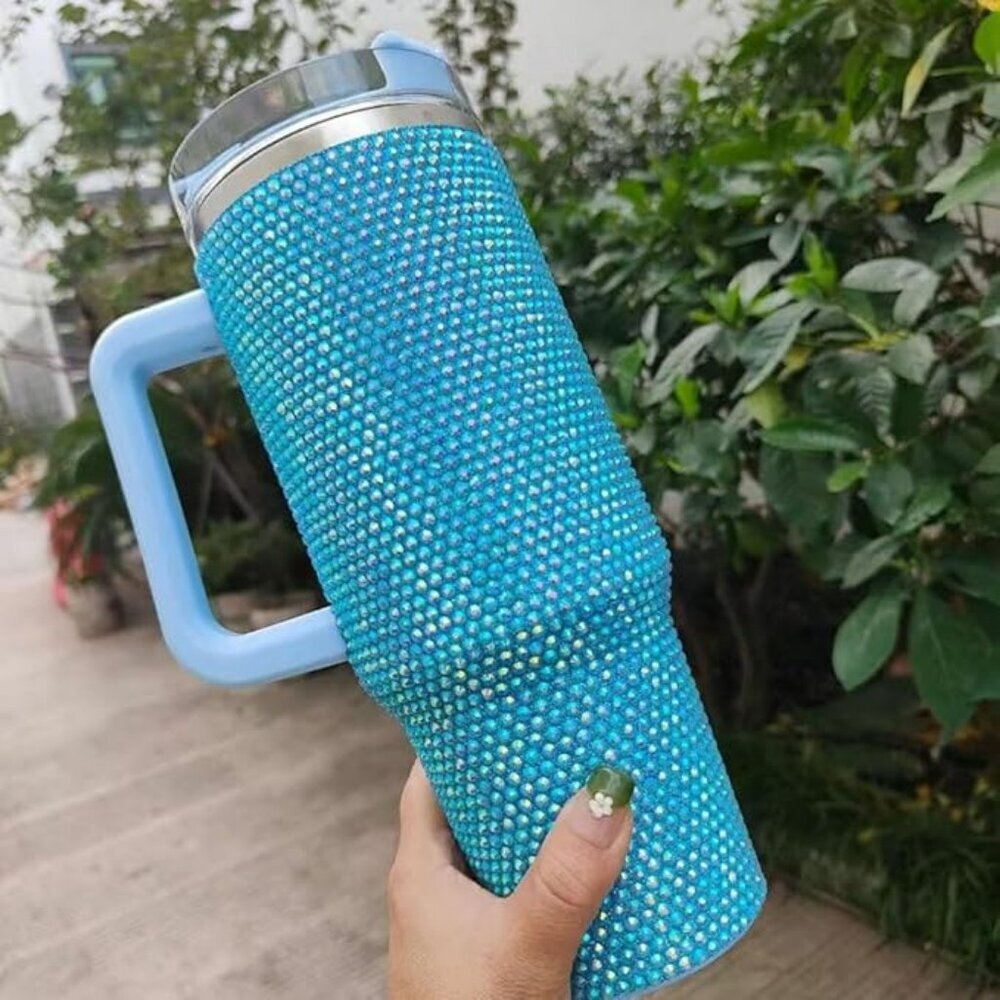 BLUE RHINESTONE 40oz TUMBLER WITH HANDLE- BLING CUP - Picture 1 of 6
